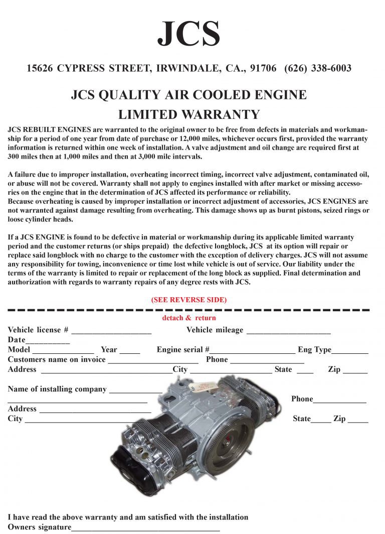 Air Cooled Engine Warranty JCS Volks Master